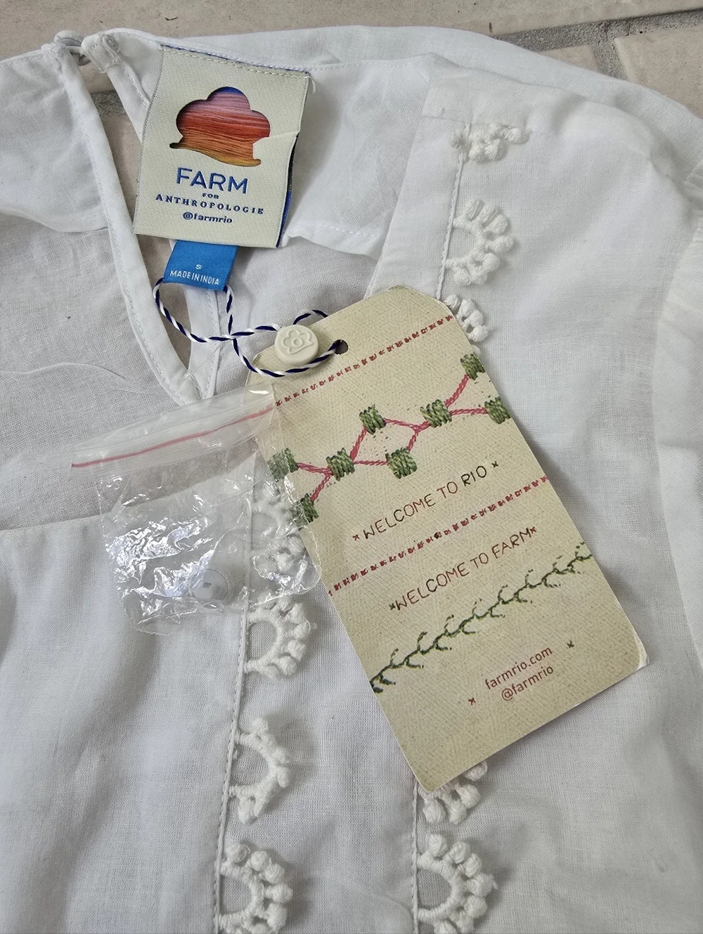 FARM RIO Palm Tree Cut Out Bohemian Puff Sleeve Ivory Top Small NWT